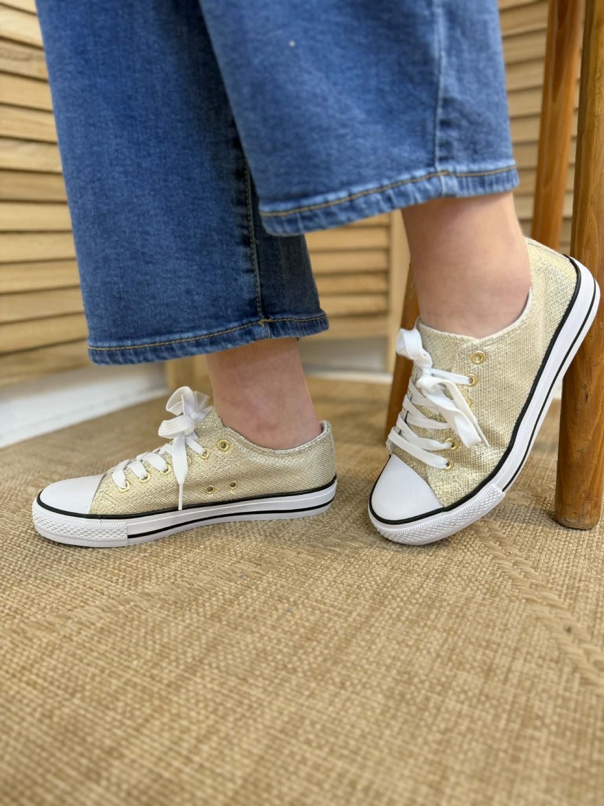 Basket Toile Or Erynn brillante lacets blancs | Marina & Paloma