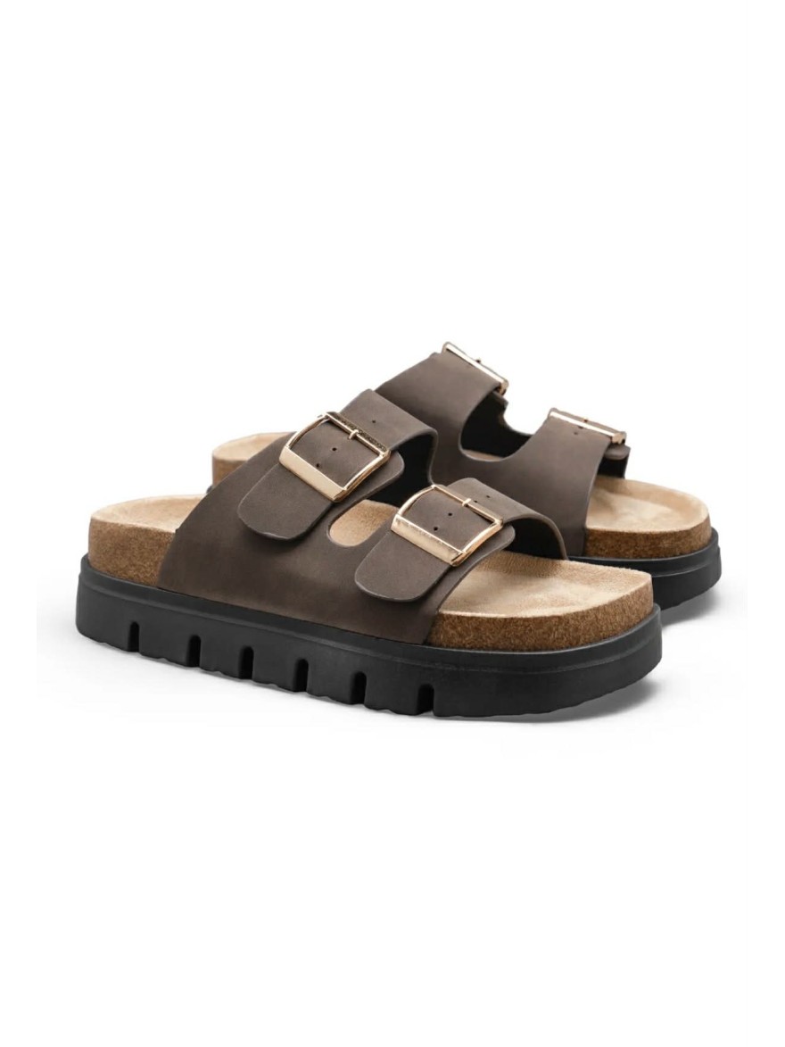 Mule Plateforme 2 Brides Marron Boucles Dorées | Marina & Paloma