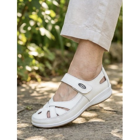 Chaussure Confort Blanche Cuir LSB Bride Velcro | Marina & Paloma