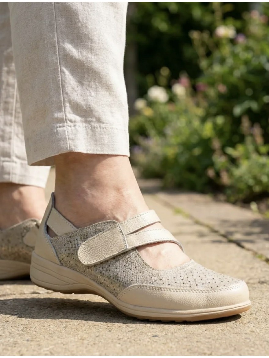 Ballerine Confort Beige Cuir LSB Brides Velcro | Marina & Paloma