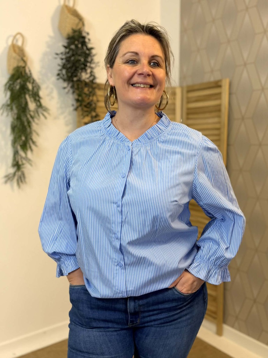 Chemise Rayée Grande Taille Christy Col Volanté Bleu 44-52 | Marina & Paloma