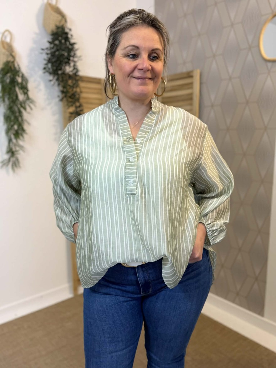 Chemise Kaki Rayée Grande Taille Fluide Tencel | Marina & Paloma