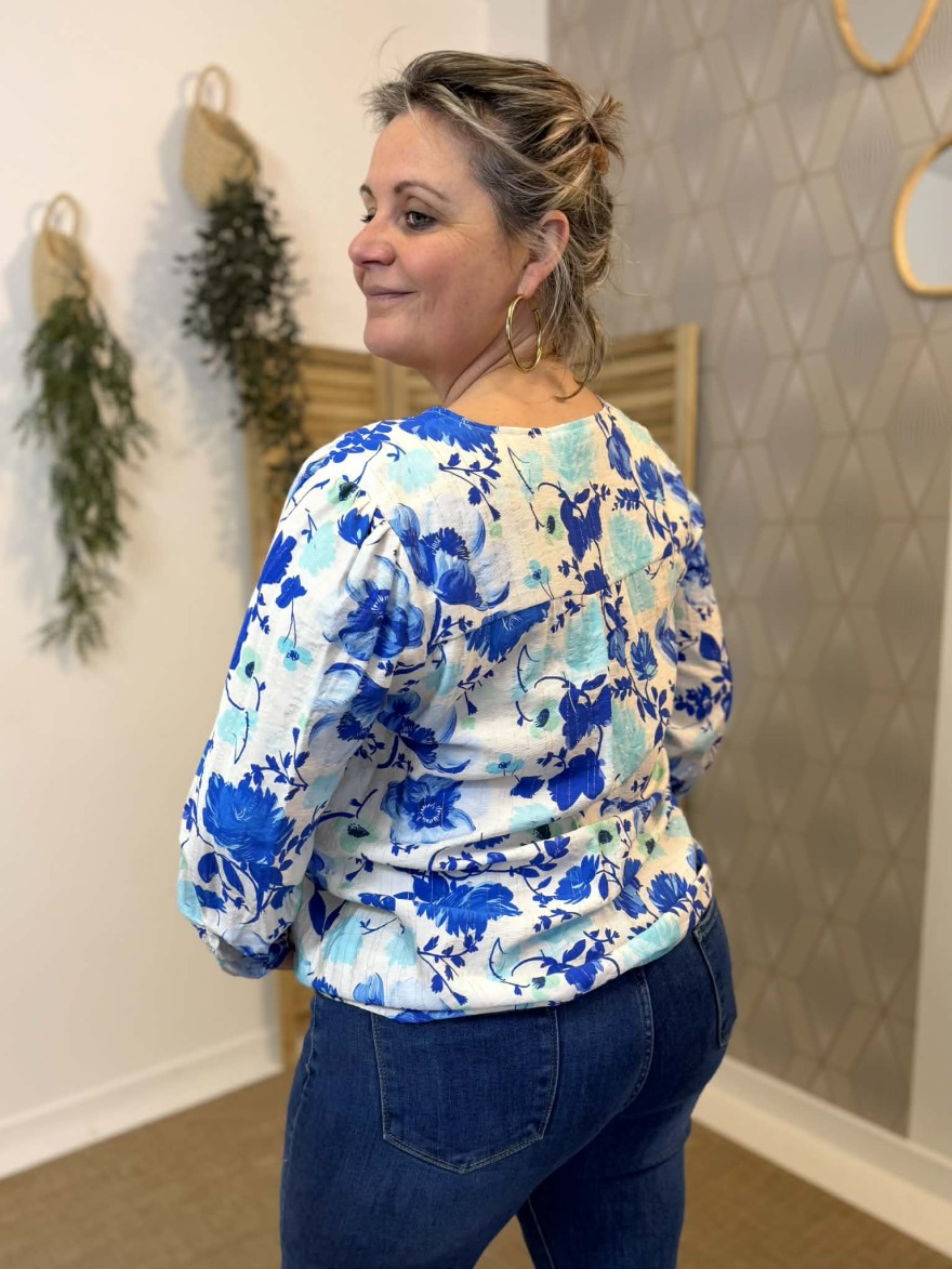 Blouse Fleurie Bleue Grande Taille Fluide Viscose | Marina & Paloma