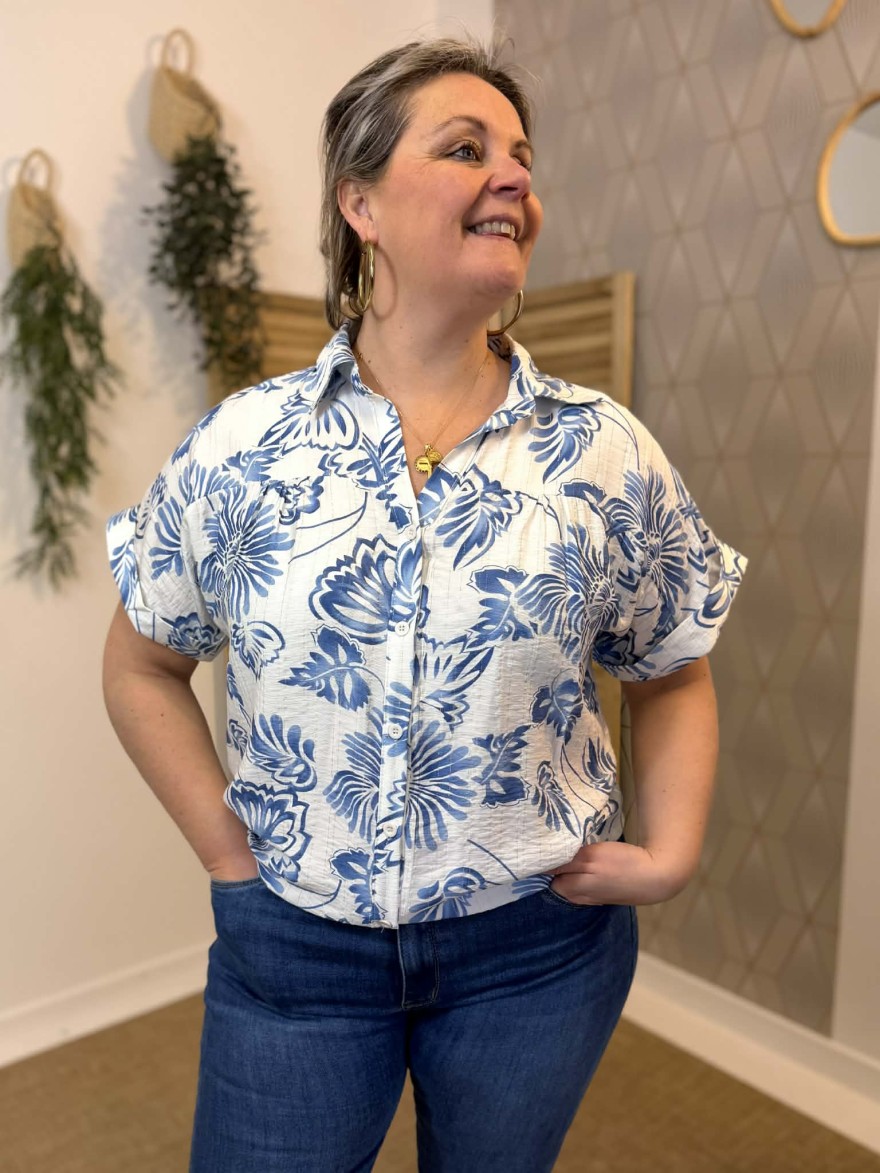 Haut Fleuri Bleu Grande Taille Viscose Fluide | Marina & Paloma