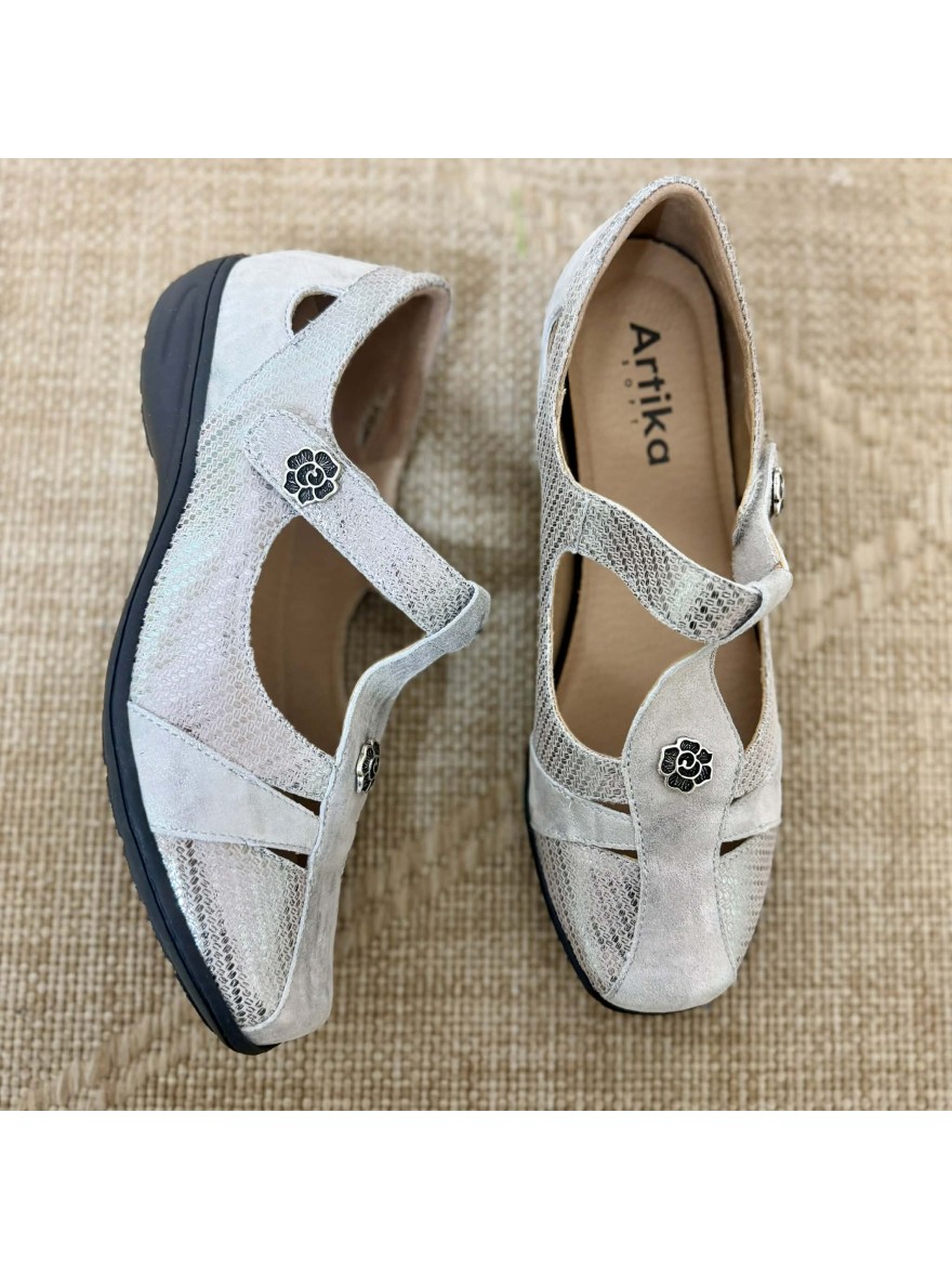 Chaussure Geollamy Incise cuir argent confort semelle amovible | Marina & Paloma