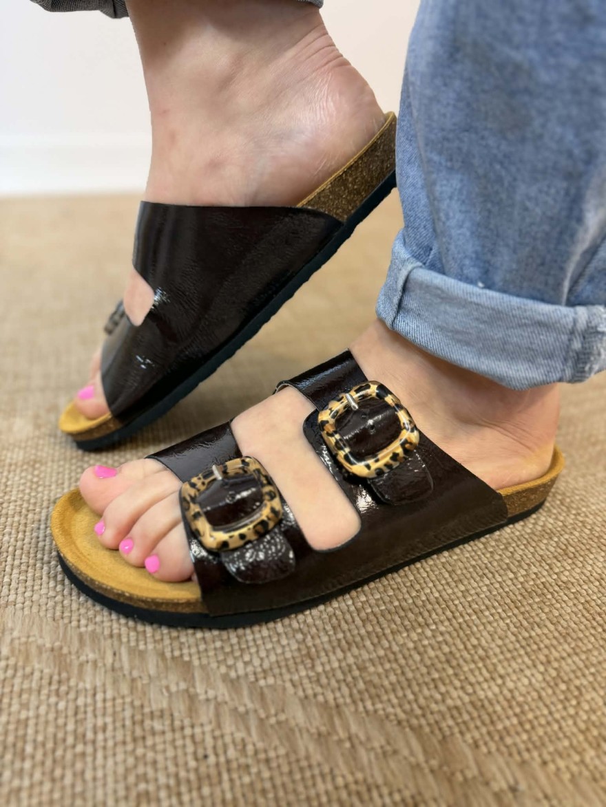 Mule vernie marron 2 brides confort Plakton | Marina & Paloma