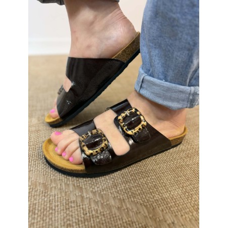 Mule vernie marron 2 brides confort Plakton | Marina & Paloma