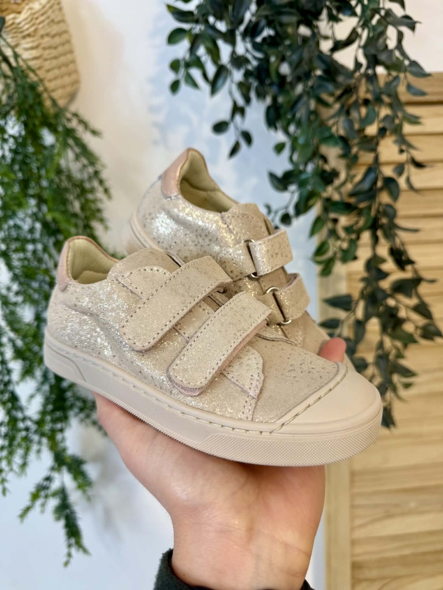 Basket Bellamy Iro fille cuir rose poudré pailleté scratch | Marina & Paloma