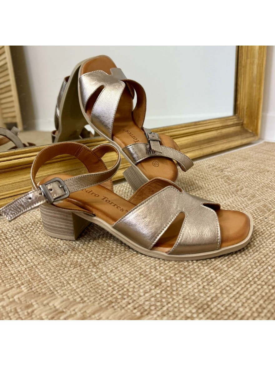 Nu-pied doré Pedro Torres 7016 talon carré 5,5 cm cuir | Marina & Paloma