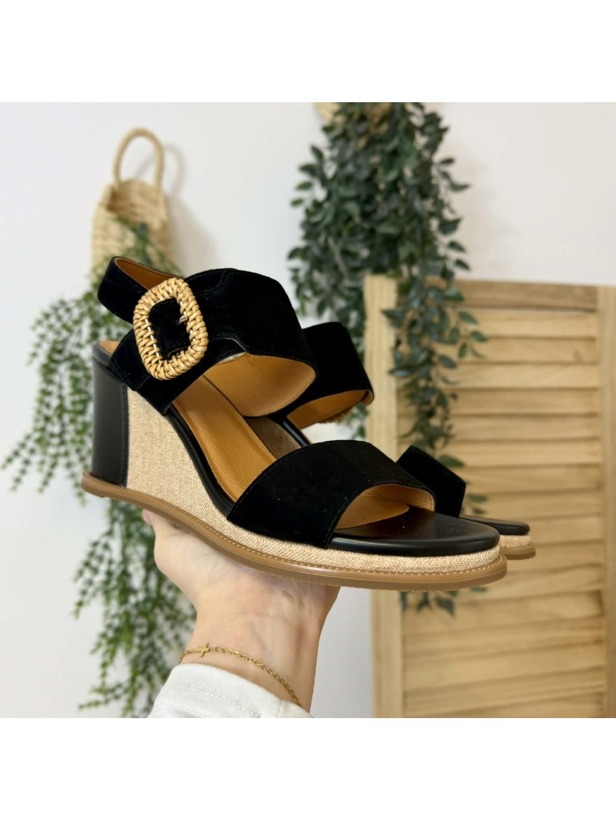 Nu-pied noir Fugitive Iroma compensé 7,5 cm cuir velours | Marina & Paloma