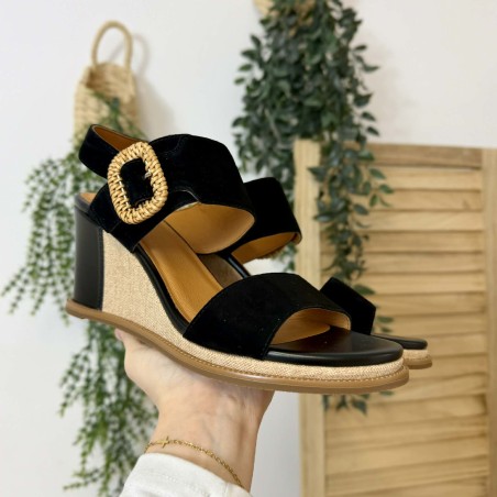 Nu-pied noir Fugitive Iroma compensé 7,5 cm cuir velours | Marina & Paloma
