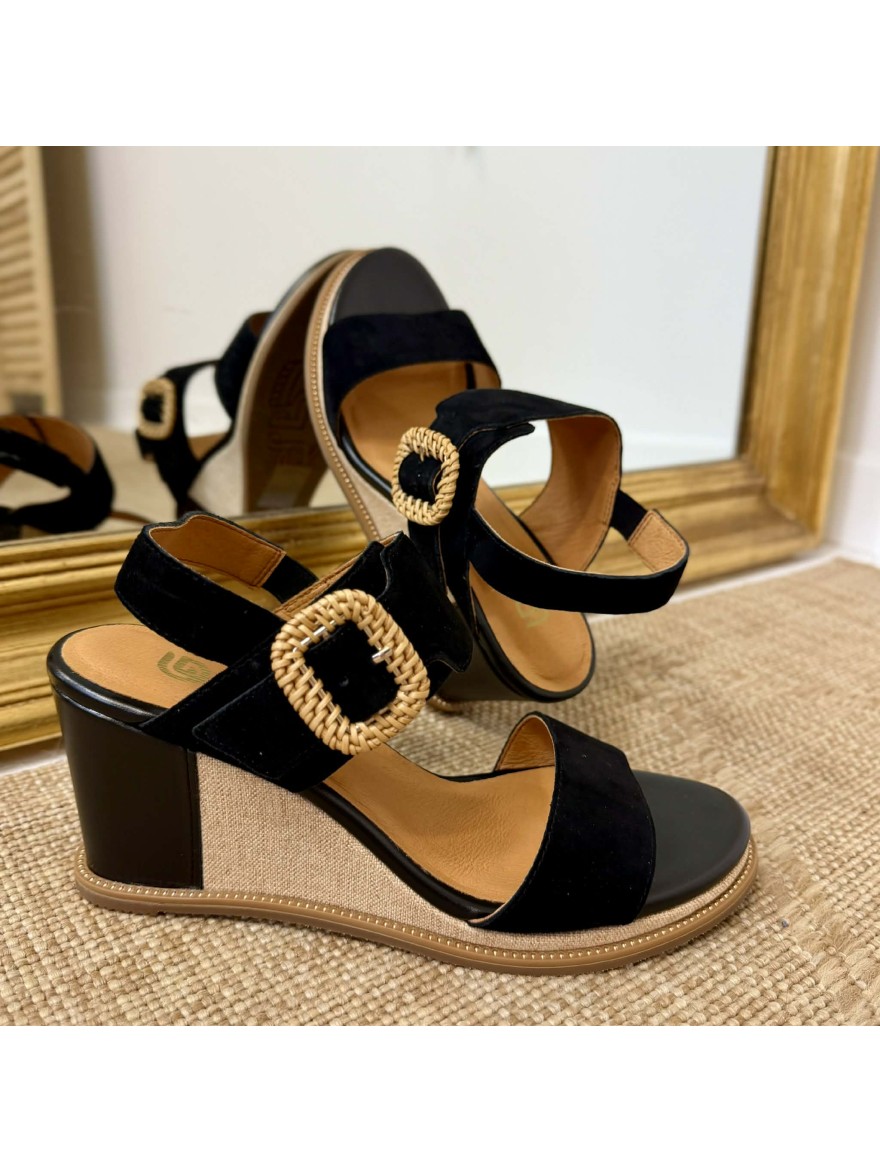 Nu-pied noir Fugitive Iroma compensé 7,5 cm cuir velours | Marina & Paloma