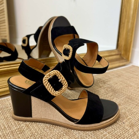Nu-pied noir Fugitive Iroma compensé 7,5 cm cuir velours | Marina & Paloma