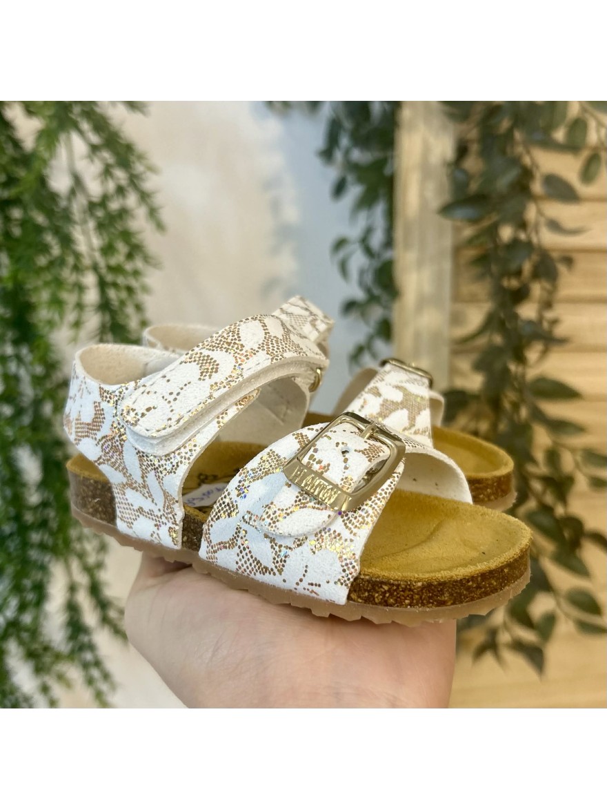 Nu-pied Plakton Petra cuir enfant blanc doré réglable | Marina & Paloma