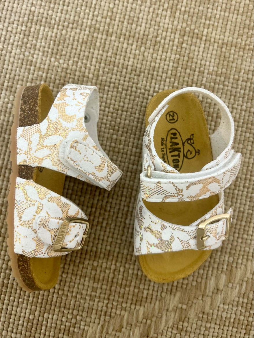 Nu-pied Plakton Petra cuir enfant blanc doré réglable | Marina & Paloma