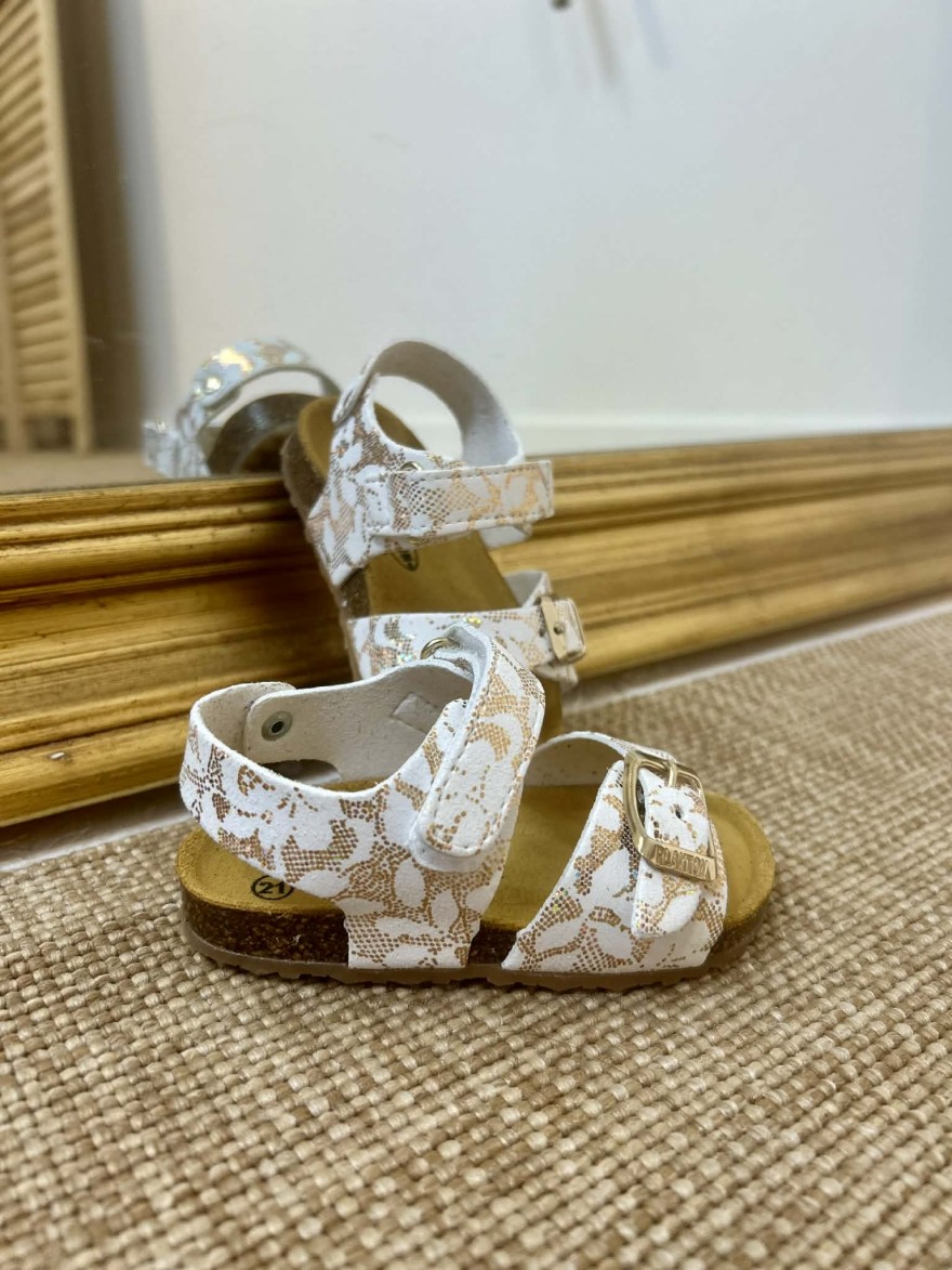 Nu-pied Plakton Petra cuir enfant blanc doré réglable | Marina & Paloma