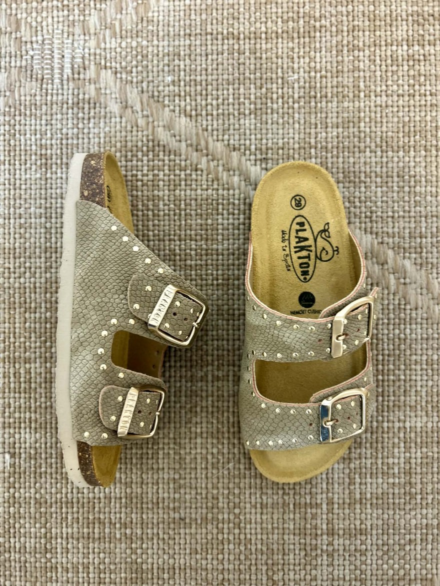 Mule Plakton Pluton cloutée taupe fille confort liège | Marina & Paloma