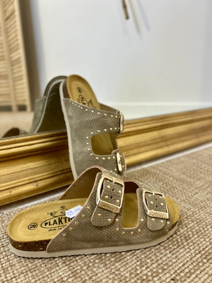 Mule Plakton Pluton cloutée taupe fille confort liège | Marina & Paloma