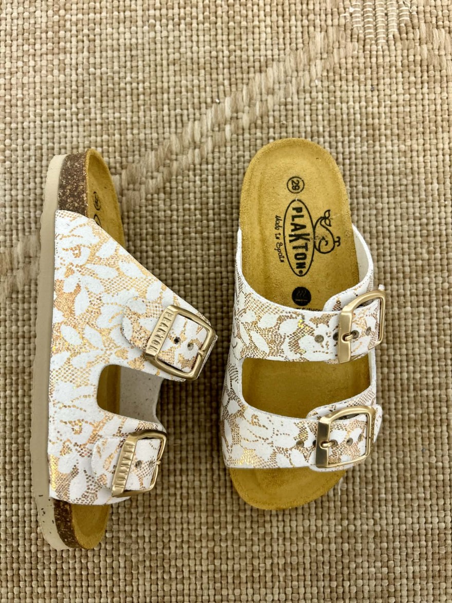 Mule Plakton Pluton blanche fille imprimé doré confort | Marina & Paloma