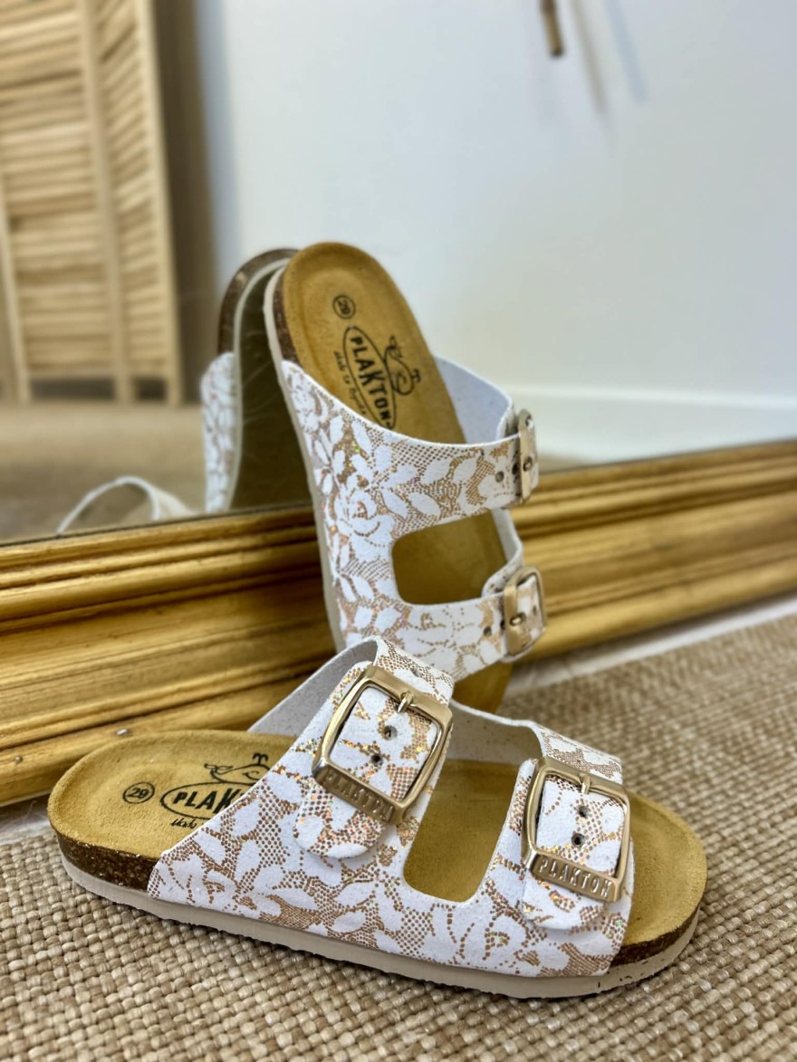 Mule Plakton Pluton blanche fille imprimé doré confort | Marina & Paloma