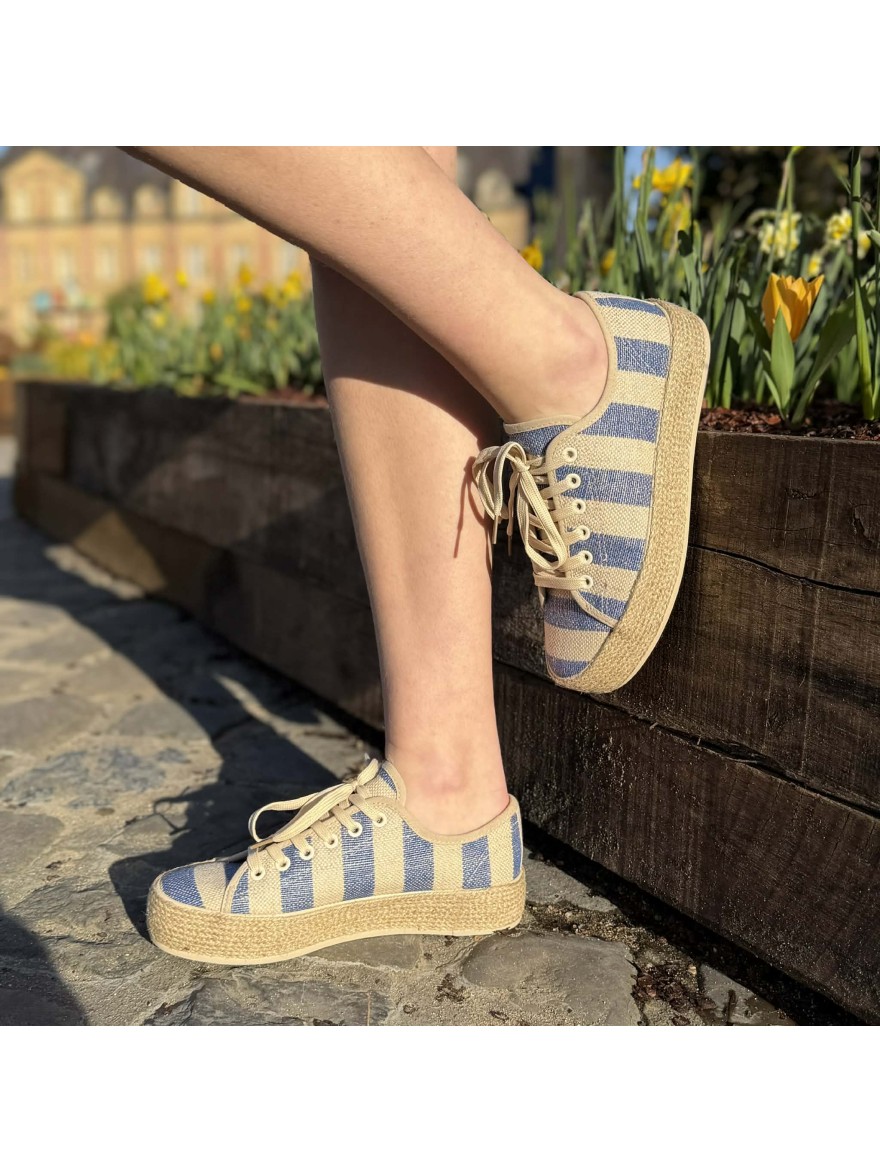 Basket Semelle Corde Rayée Findlay Bleu Denim | Marina & Paloma