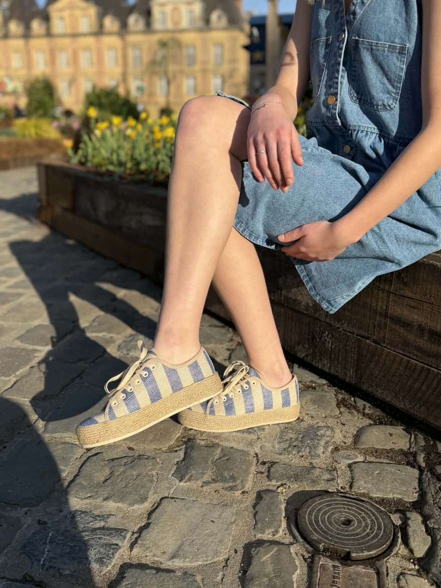 Basket Semelle Corde Rayée Findlay Bleu Denim | Marina & Paloma