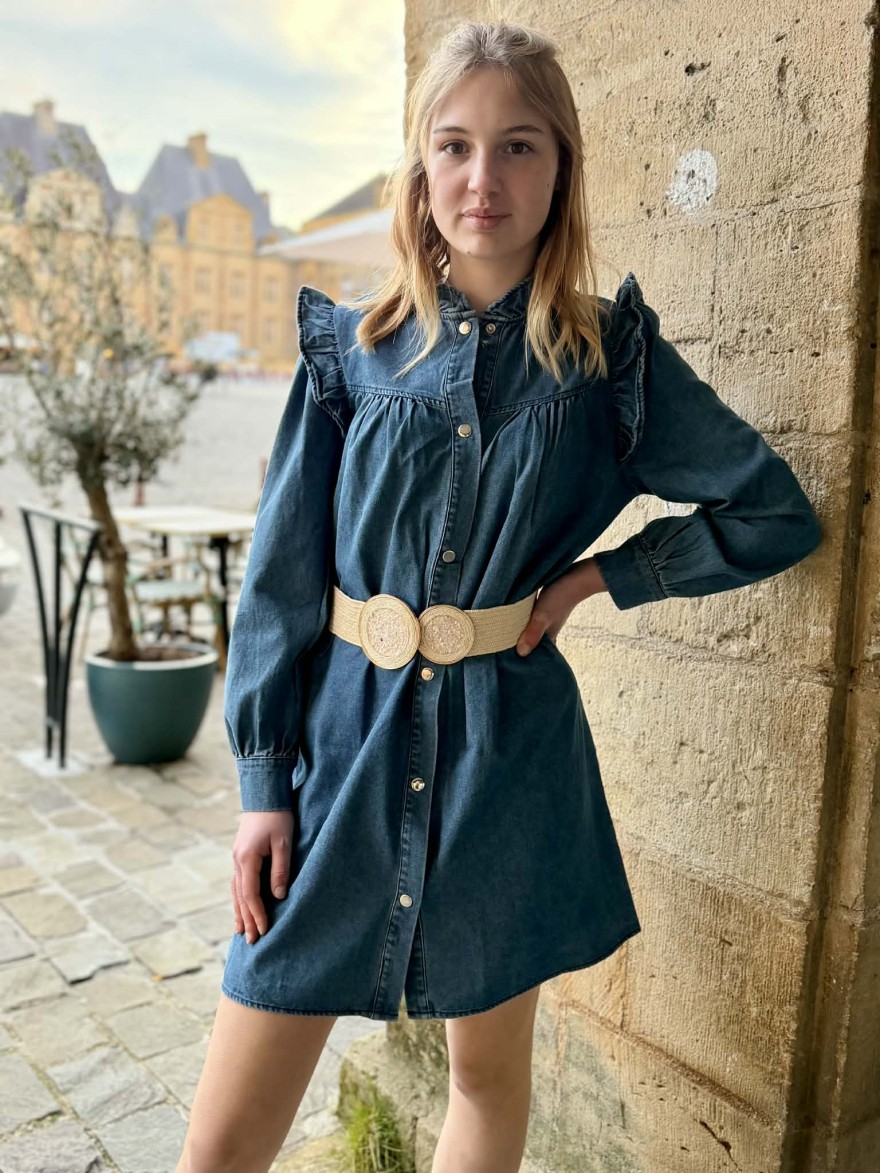 Robe jean Kilky bleu denim ceinturée volants tendance | Marina & Paloma