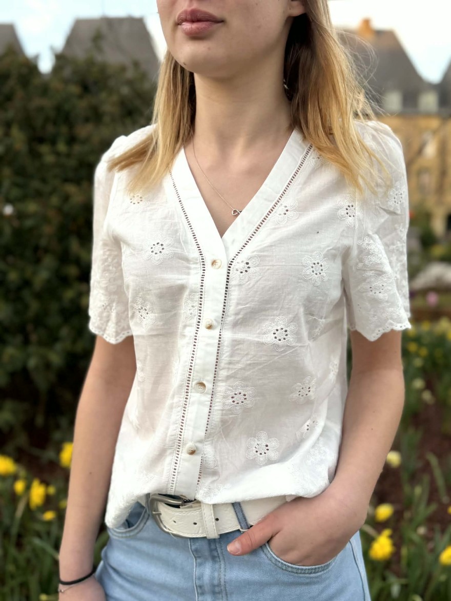 Chemisier brodé blanc coton col V femme | Marina & Paloma