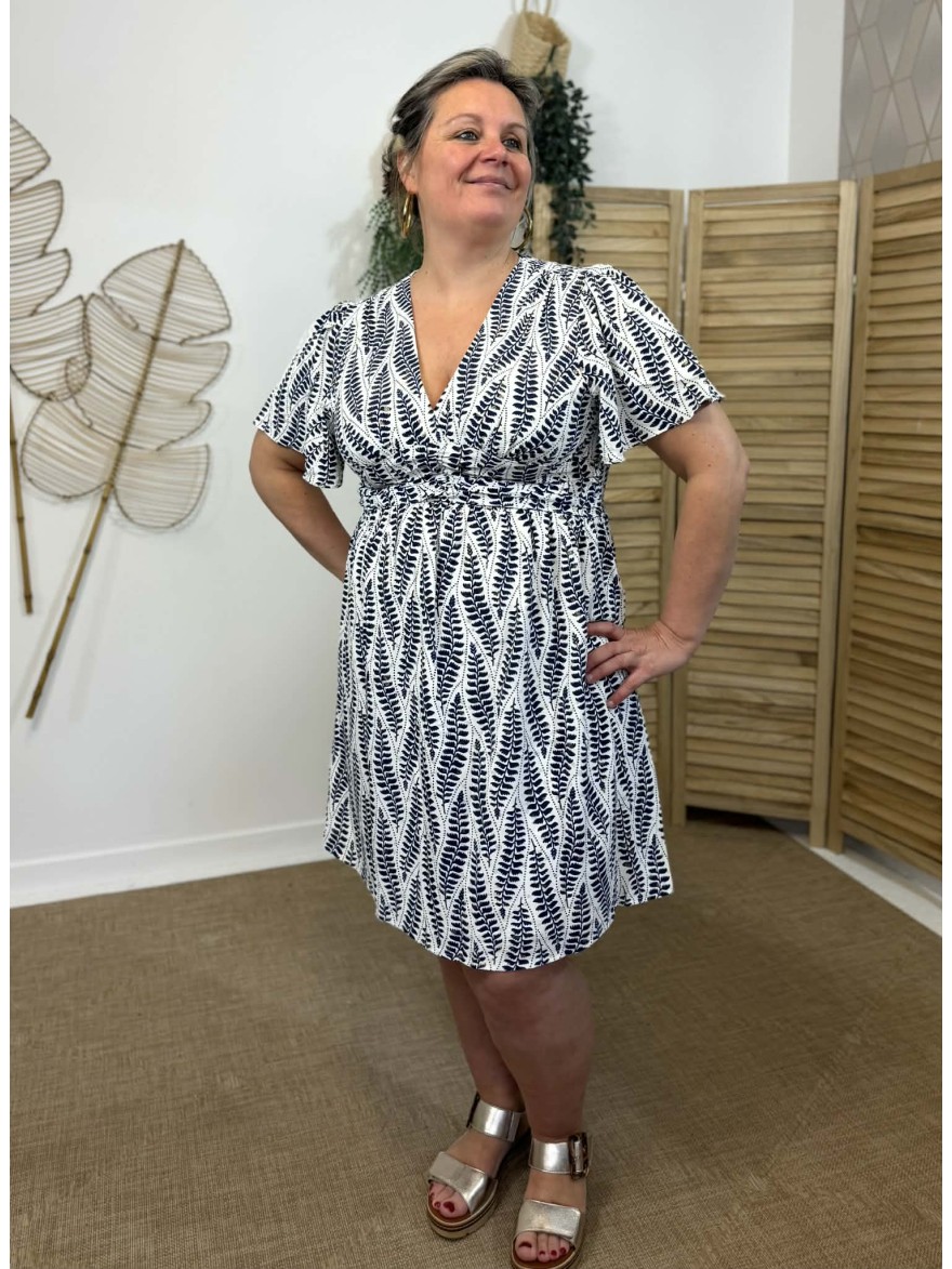 Robe curvy fluide imprimé feuillage bleu été | Marina & Paloma