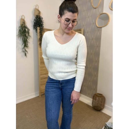 Pull col V écru So Sweet maille fine ajustée | Marina & Paloma