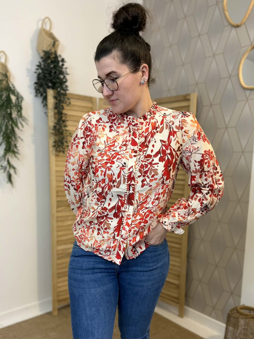 Chemise Fleurie Écru Rouge Col Volant Femme | Marina & Paloma