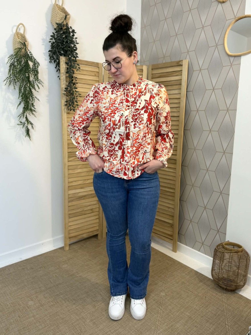 Chemise Fleurie Écru Rouge Col Volant Femme | Marina & Paloma