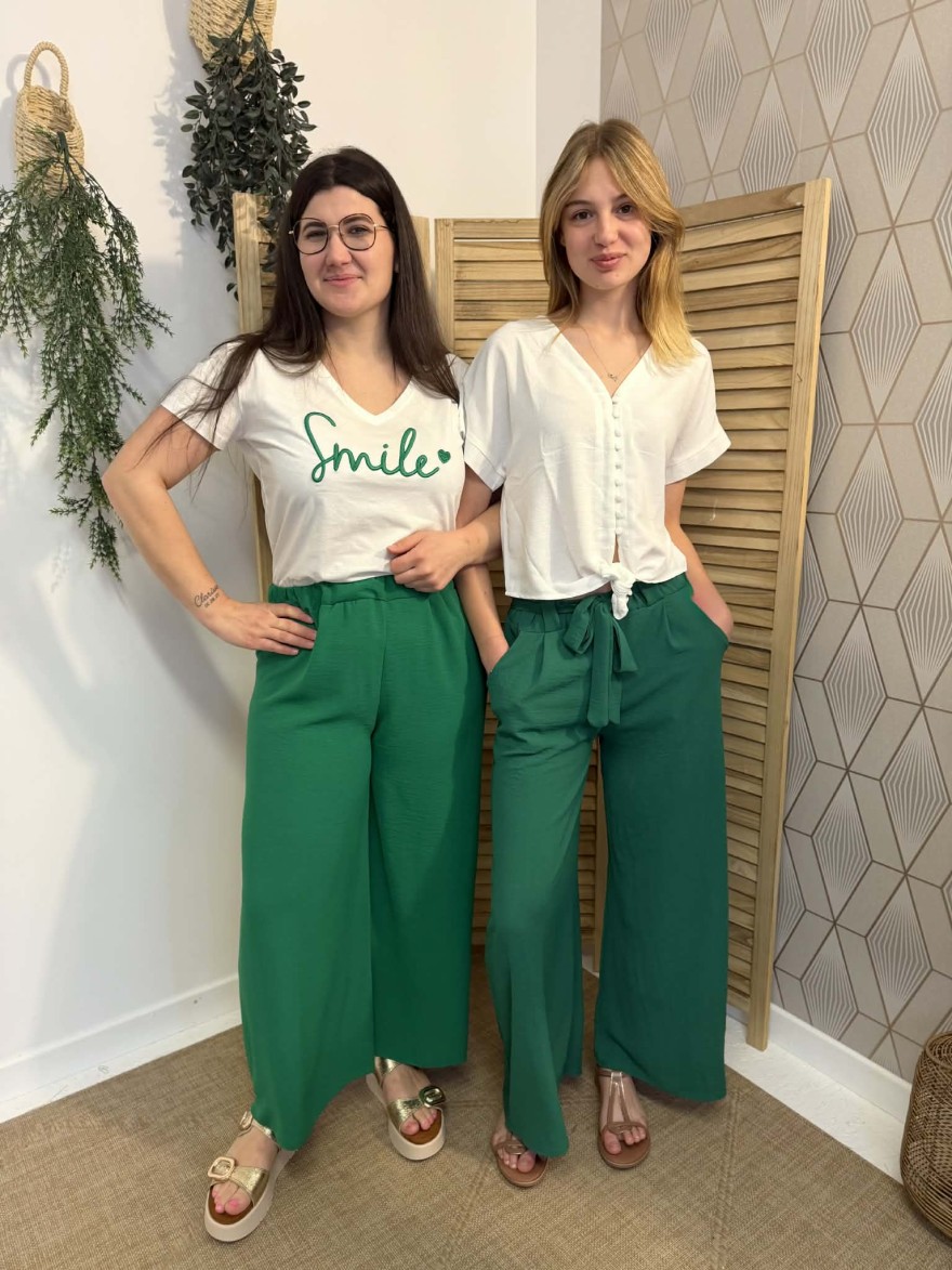 Pantalon fluide vert 7/8 grande taille confortable | Marina & Paloma