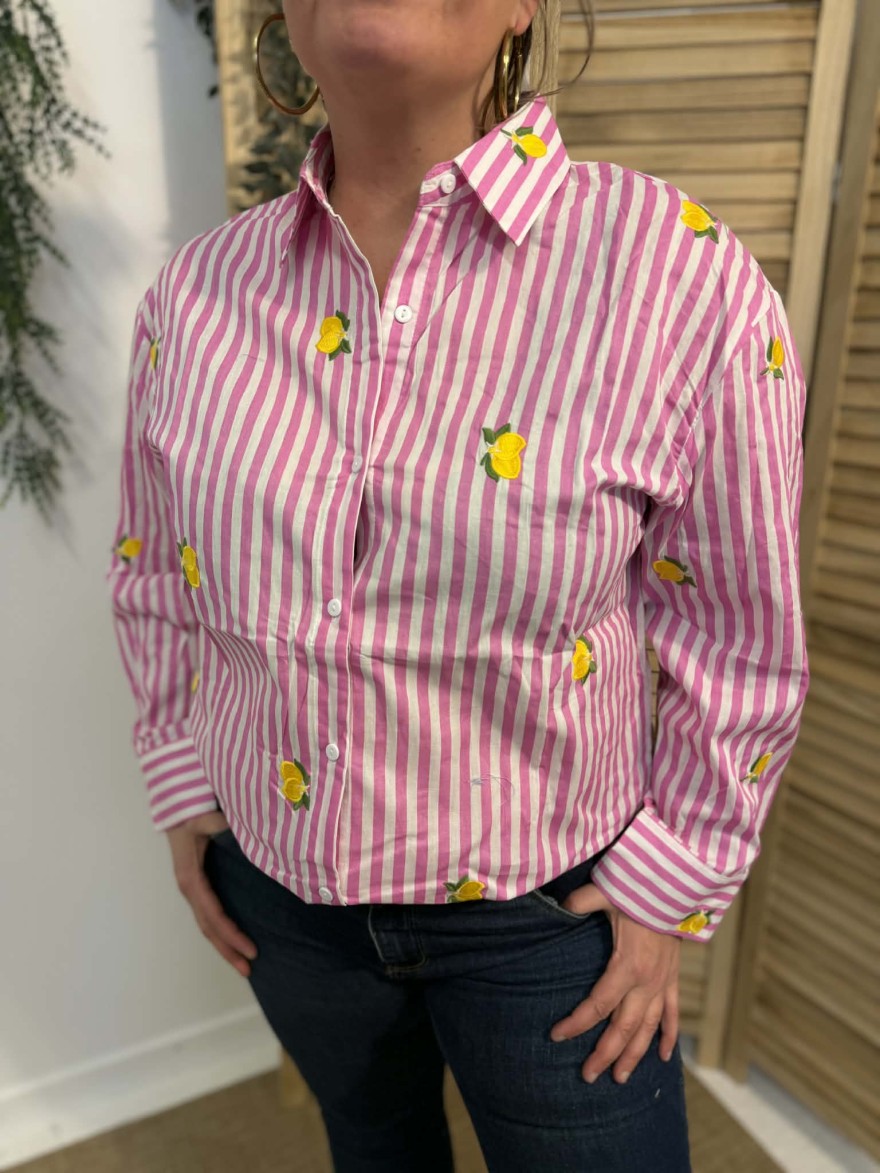 Chemise rayée rose citrons brodés – coton léger grande taille | Marina & Paloma