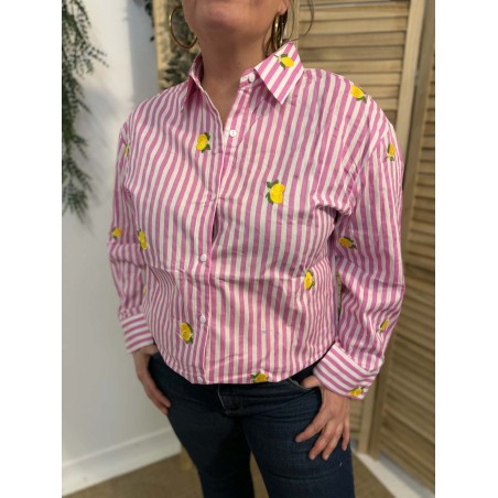 Chemise rayée rose citrons brodés – coton léger grande taille | Marina & Paloma