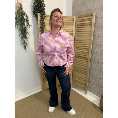 Chemise rayée rose citrons brodés – coton léger grande taille | Marina & Paloma
