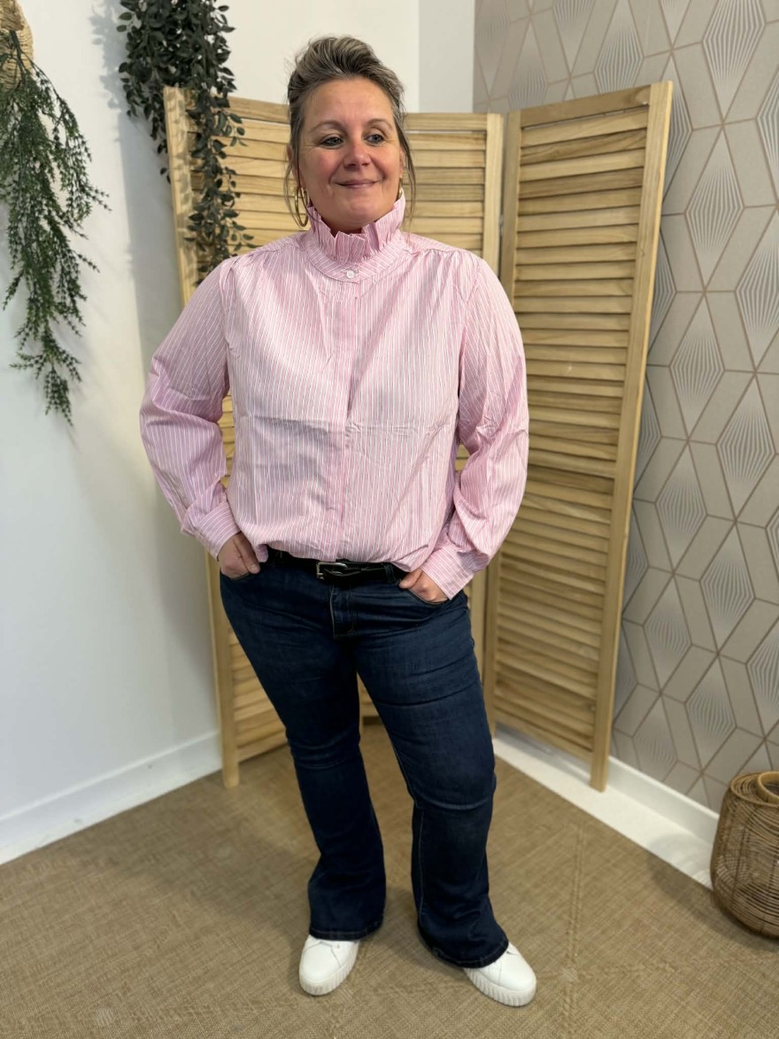 Chemise rayée rose col volant grande taille | Marina & Paloma
