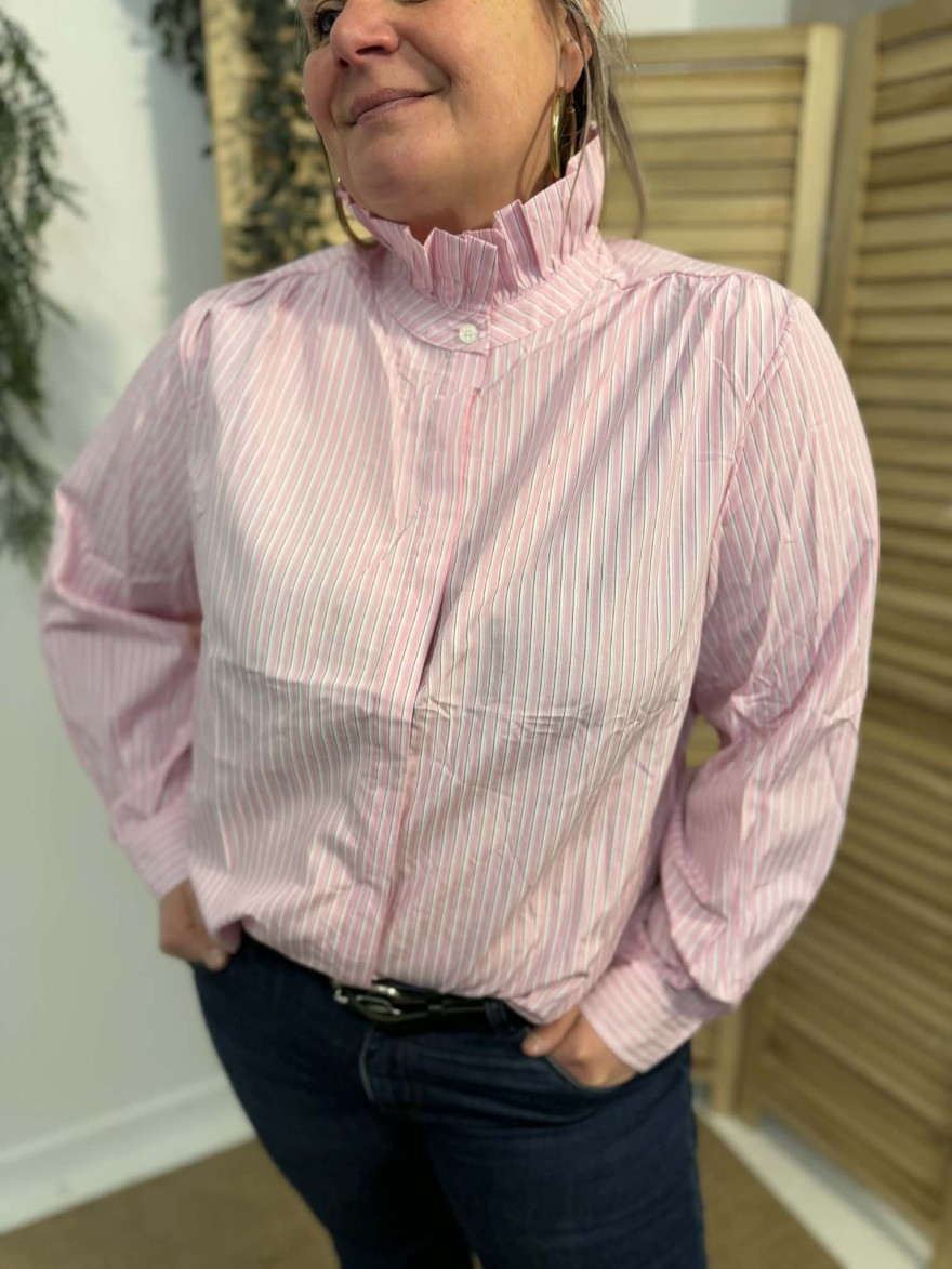 Chemise rayée rose col volant grande taille | Marina & Paloma