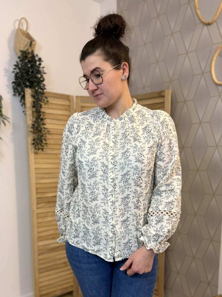 Chemise écrue imprimé feuillage col froncé femme | Marina & Paloma