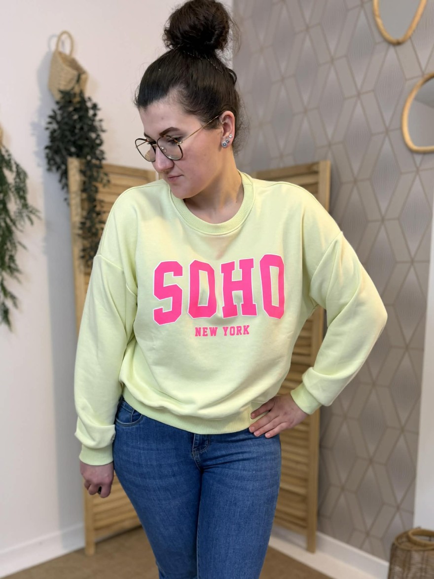 Sweat jaune fluo SOHO New York coton femme | Marina & Paloma