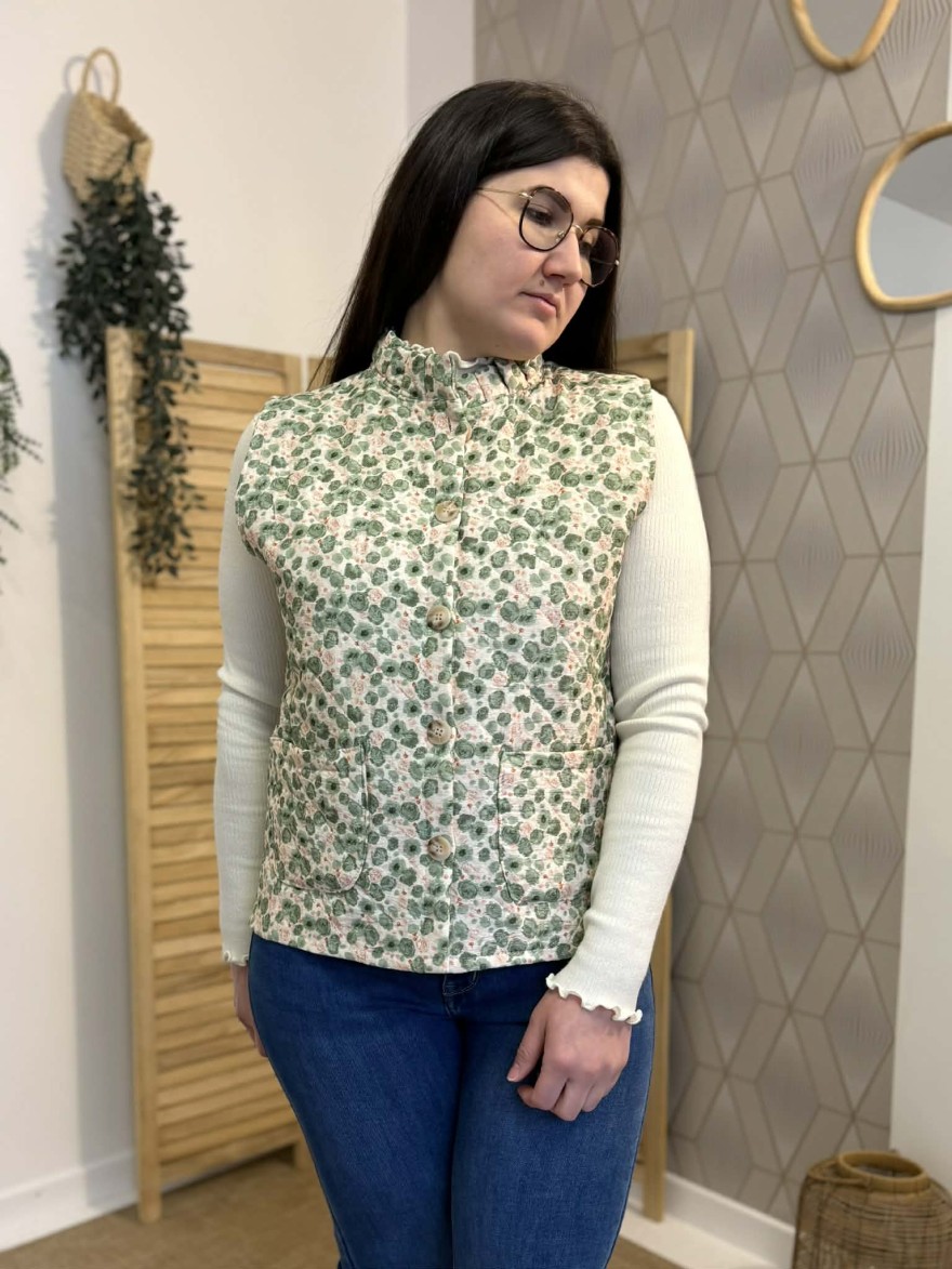 Gilet sans manches fleuri écru matelassé femme | Marina & Paloma