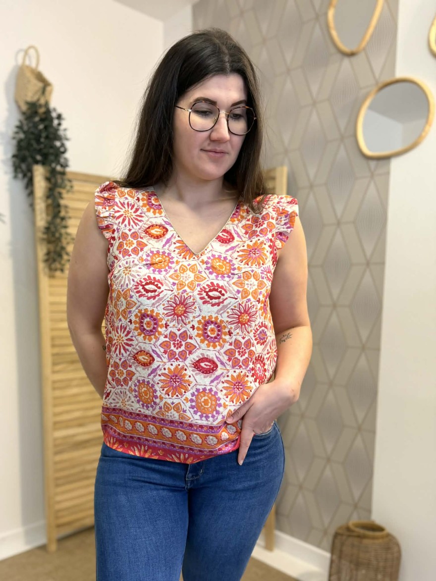Top imprimé coloré col V volants femme été | Marina & Paloma