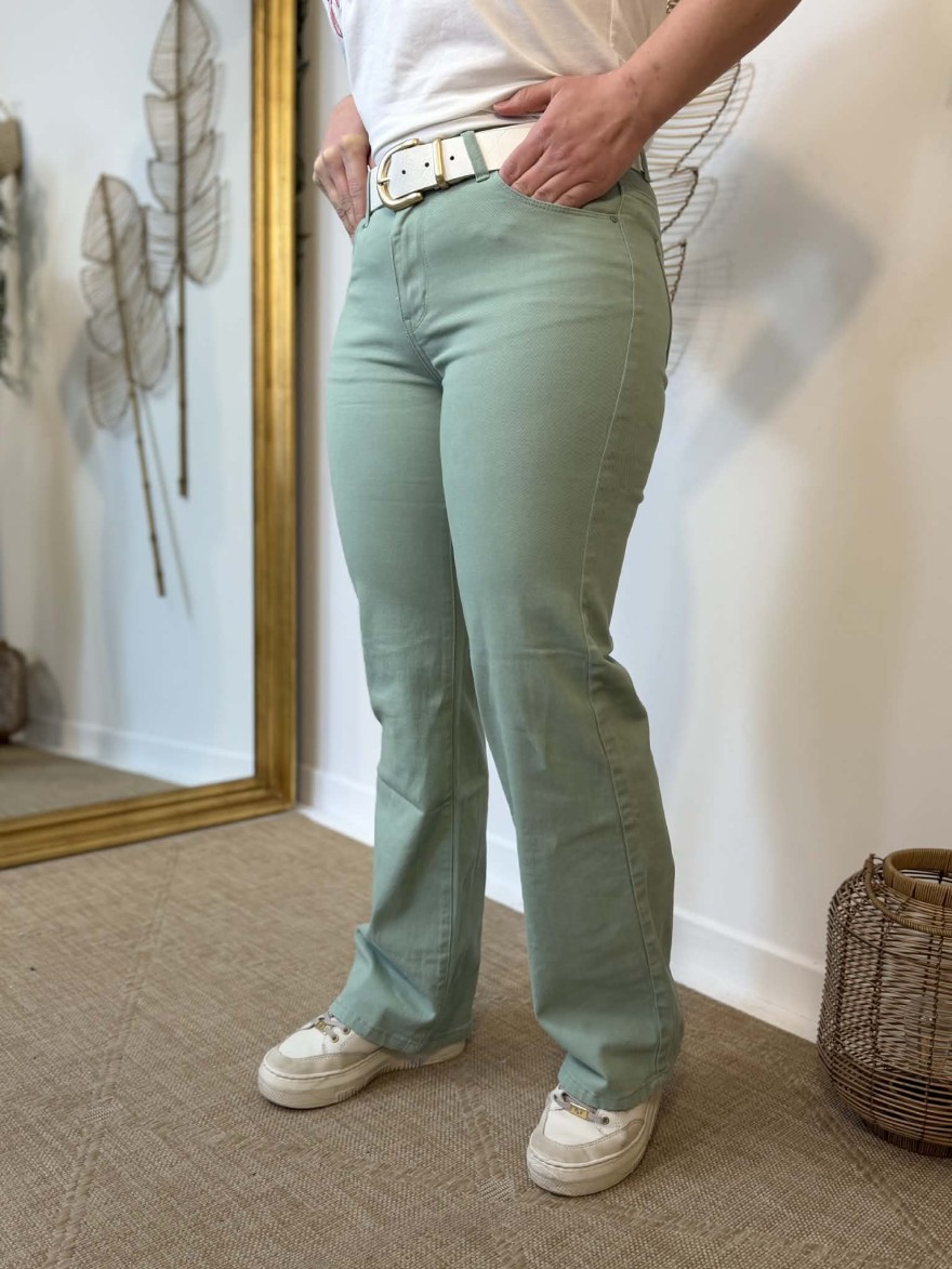 Jean flare vert taille haute Nina Carter coupe flatteuse | Marina & Paloma