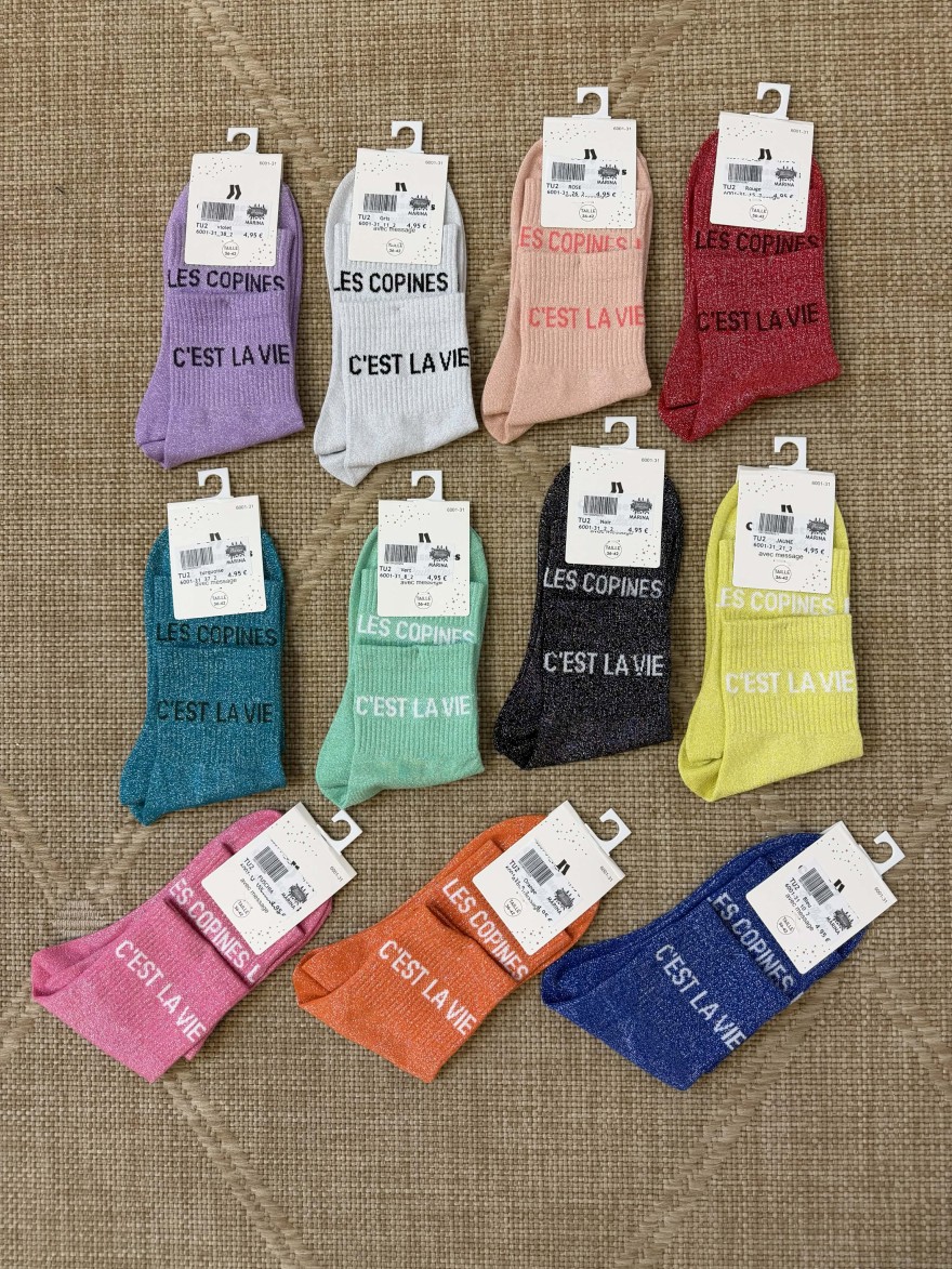 Chaussettes femme message “Les copines c’est la vie” brillantes 36-42 | Marina & Paloma