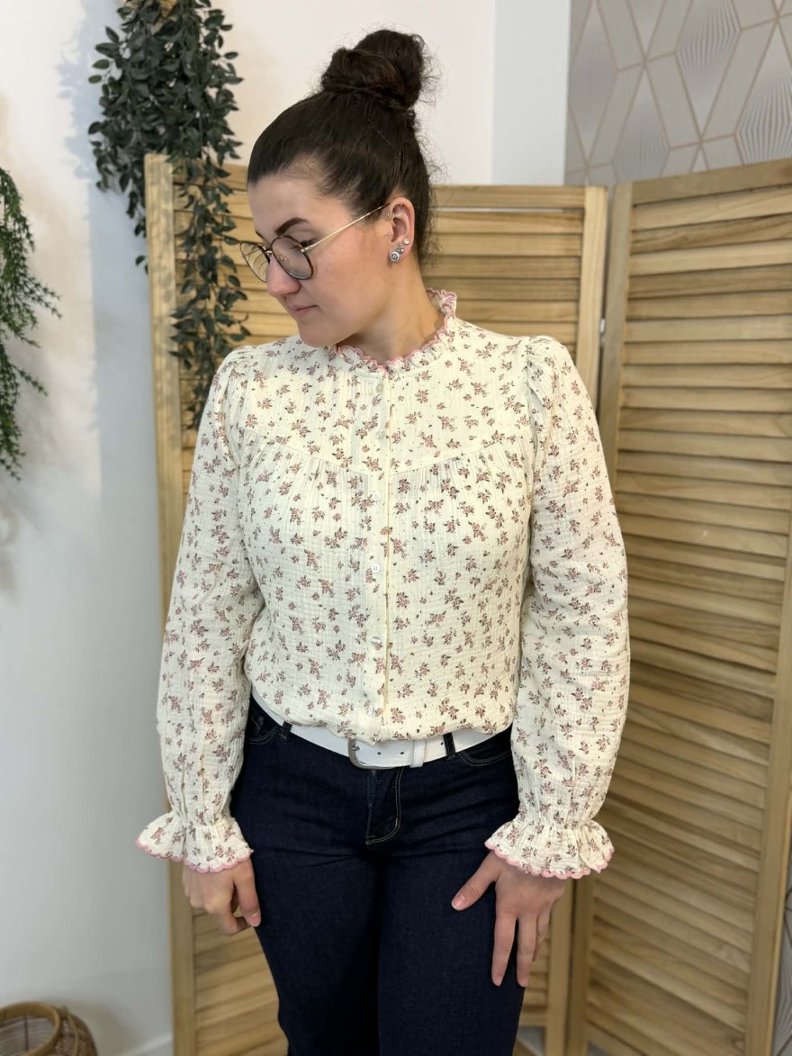 Chemise Emma et Ella coton fleuri col volanté femme | Marina & Paloma