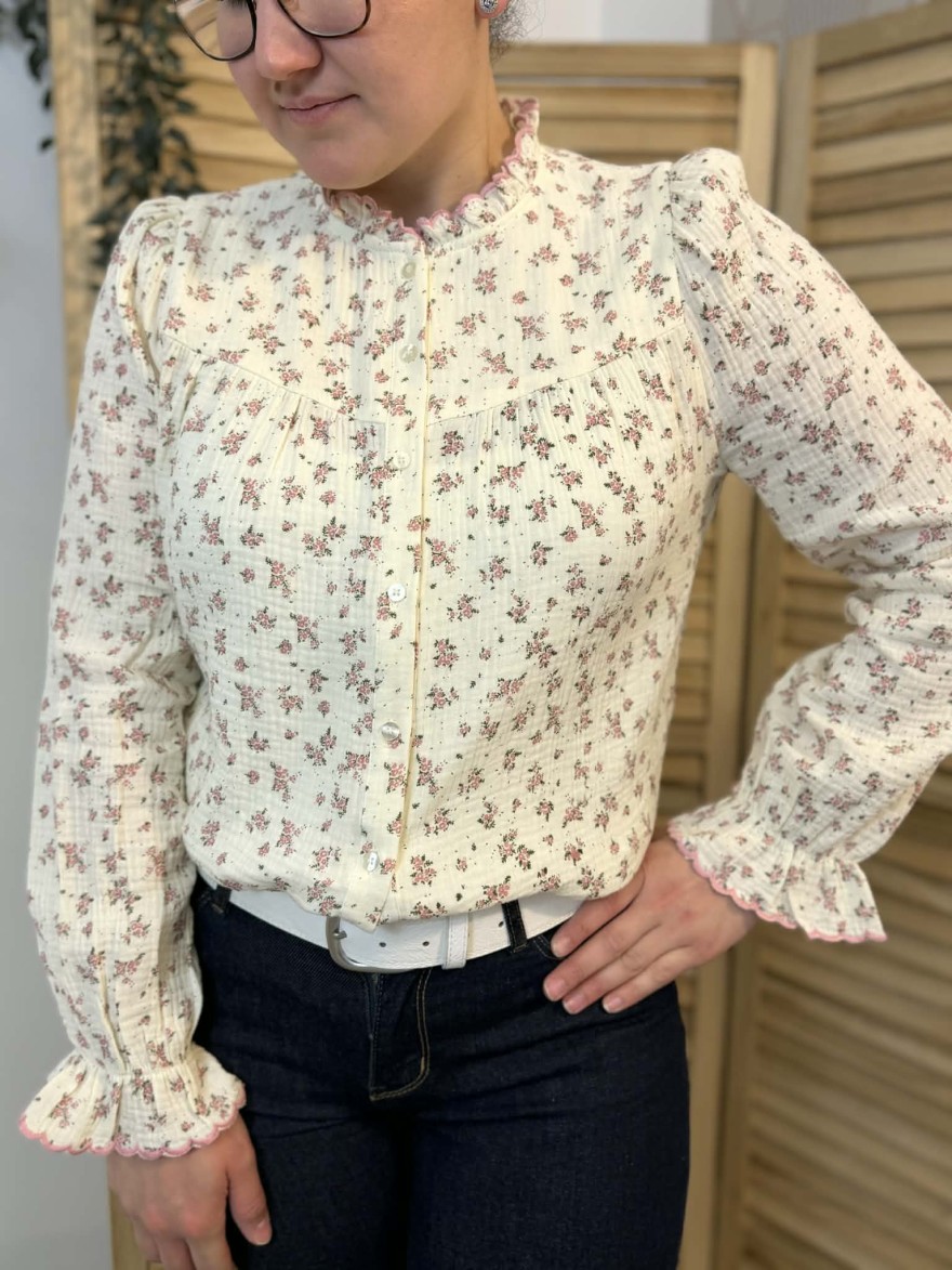 Chemise Emma et Ella coton fleuri col volanté femme | Marina & Paloma