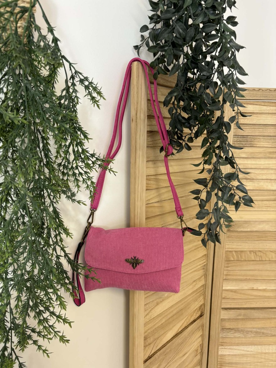 Sac Bandoulière Rose Velours Côtelé Abeille | Marina & Paloma