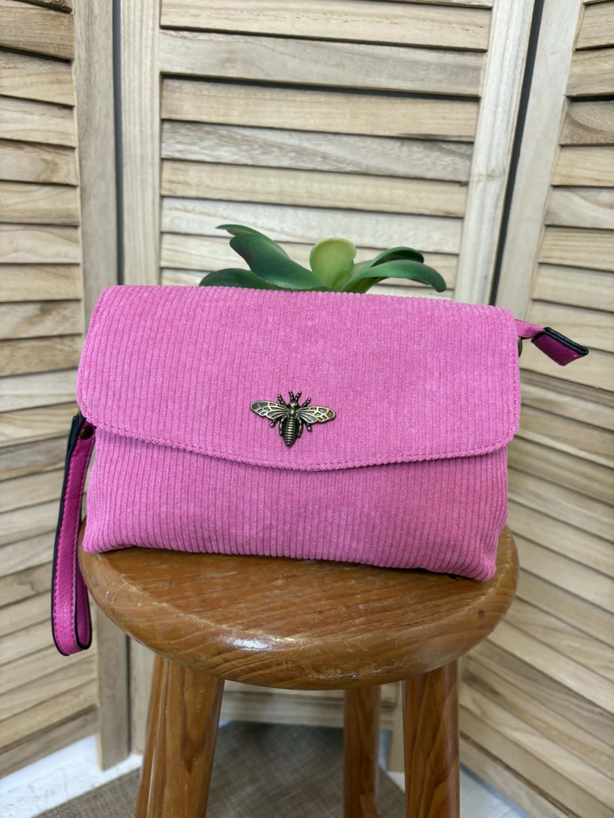 Sac Bandoulière Rose Velours Côtelé Abeille | Marina & Paloma