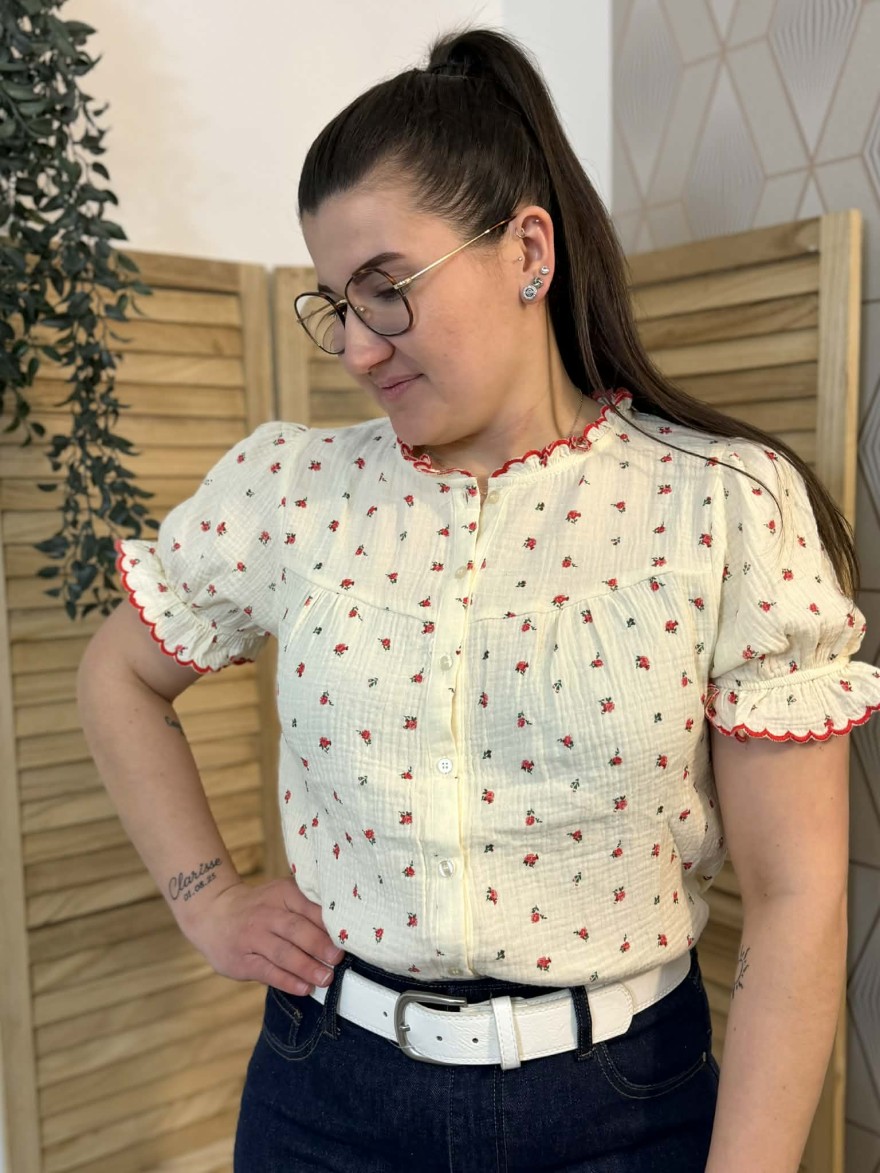 Chemisier Emma et Ella Rouge fleuri col volanté coton léger | Marina & Paloma