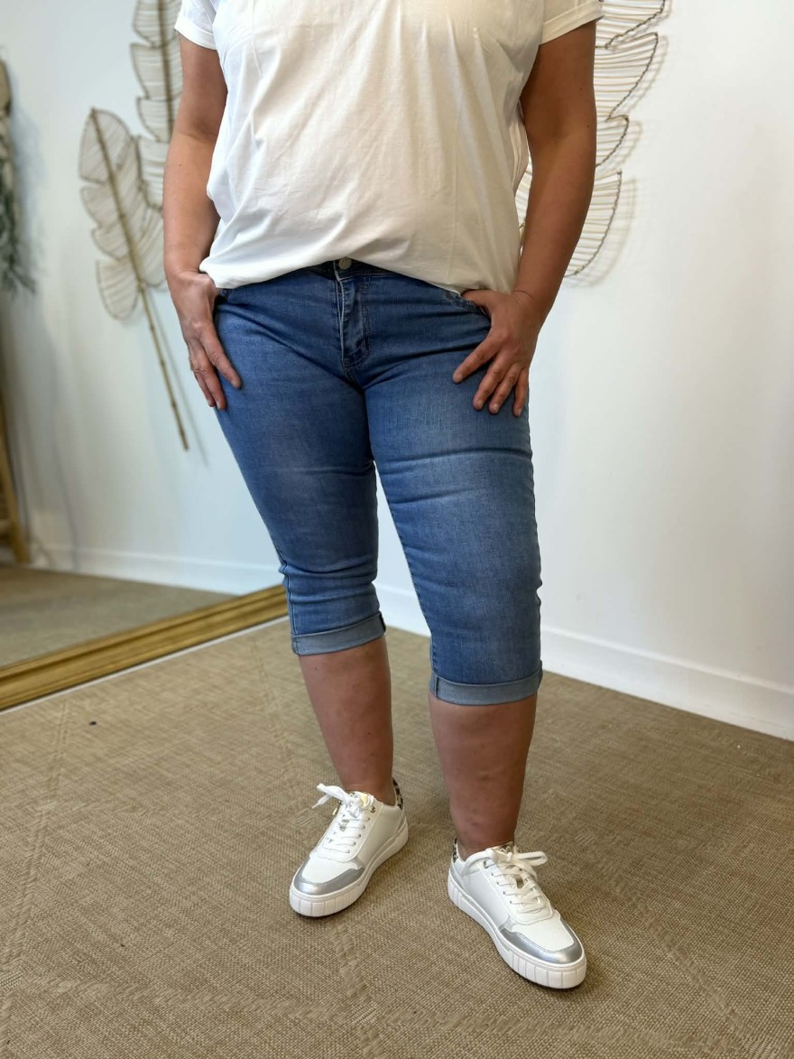 Pantacourt Jean Norfy Slim Taille Haute Strass Confort | Marina & Paloma